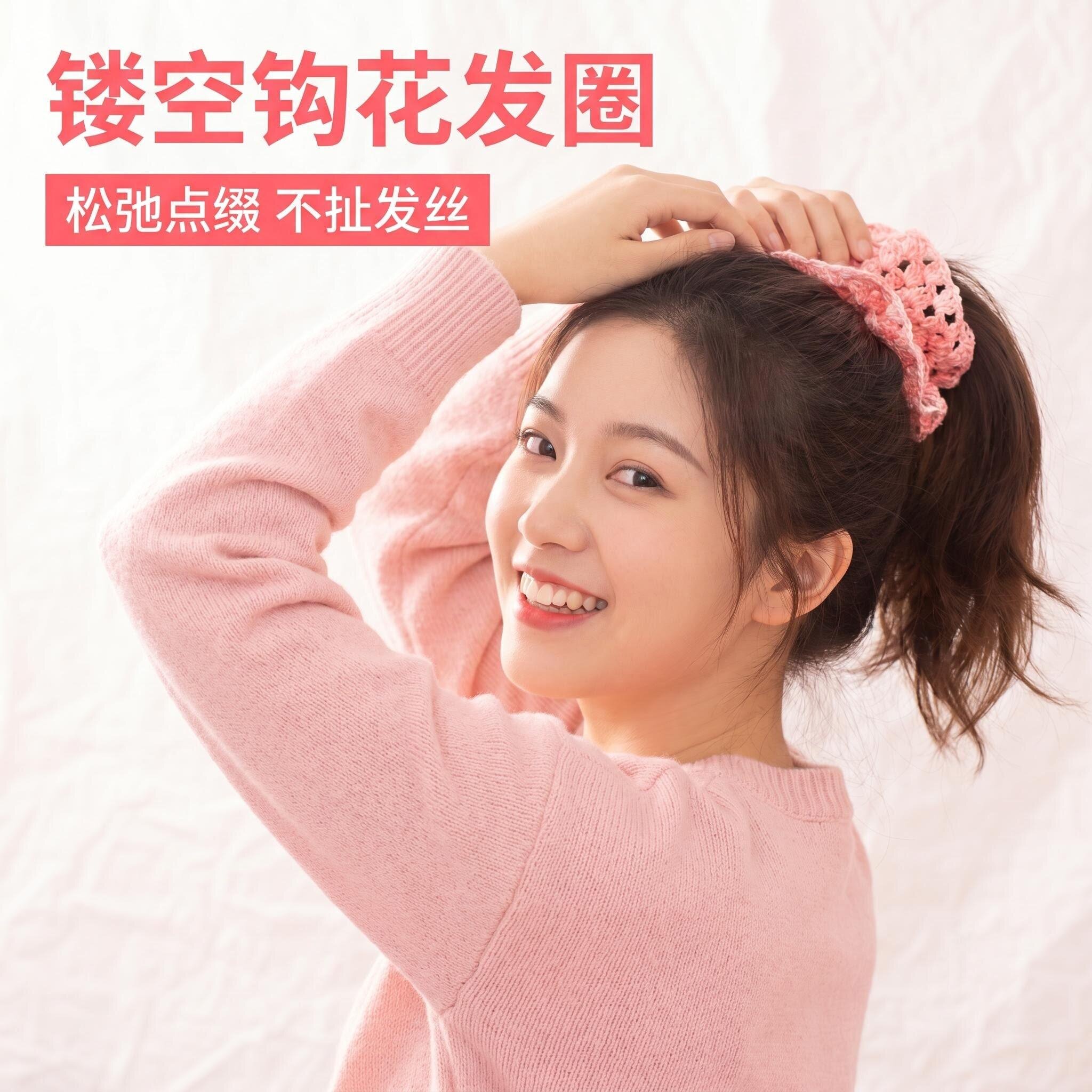 粉白混色钩针镂空蕾丝发圈手工针织纱线扎发绳不勒发少女头饰