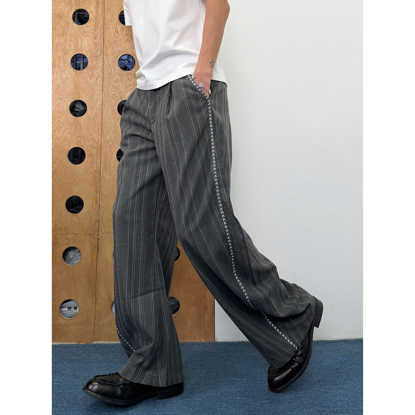 BurnBro老钱风美式复古鱼骨线条纹弯刀西裤男女cleanfit休闲长裤,男装,休闲裤,淘宝优惠券,粉丝福利购,淘宝优惠卷