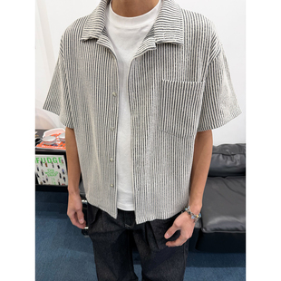 BurnBro两用领口设计美式古巴领条纹衬衫男女肌理感慵懒老钱衬衣