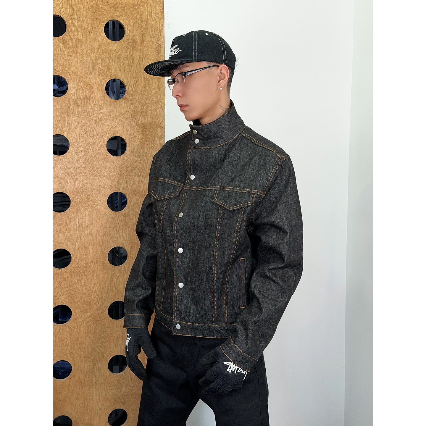 BurnBro美式复古原牛硬挺斜扣短款宽松牛仔夹克男女潮牌boxy外套