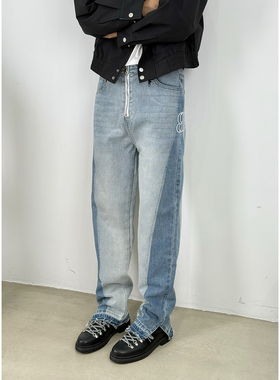 BurnBro美式复古拼接撞色牛仔裤男女直筒宽松百搭vintage显瘦长裤