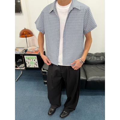 miu系短宽淡蓝色格纹短袖衬衫