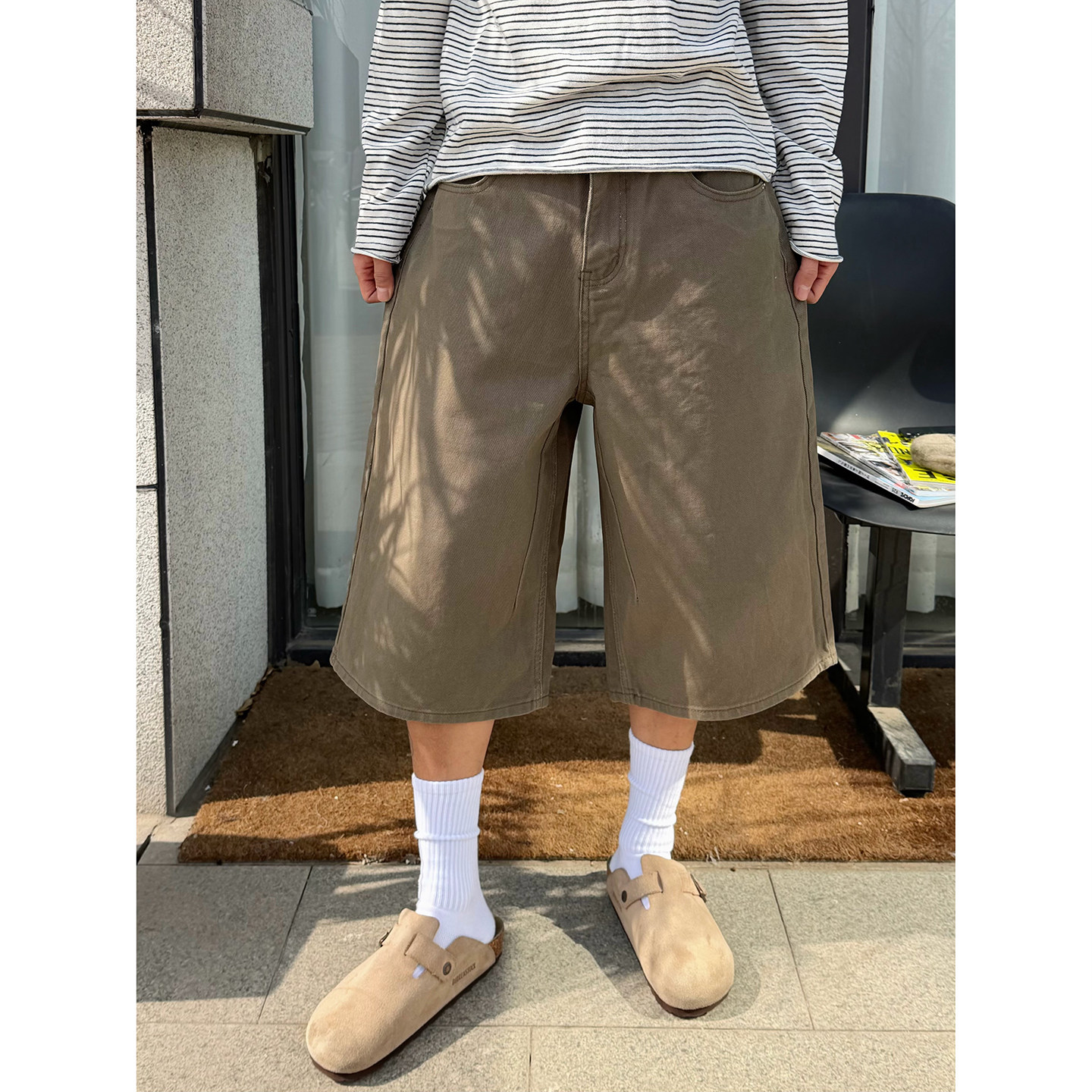 BurnBro美式复古纯棉牛仔短裤男女松弛chic休闲宽松直筒七分裤子