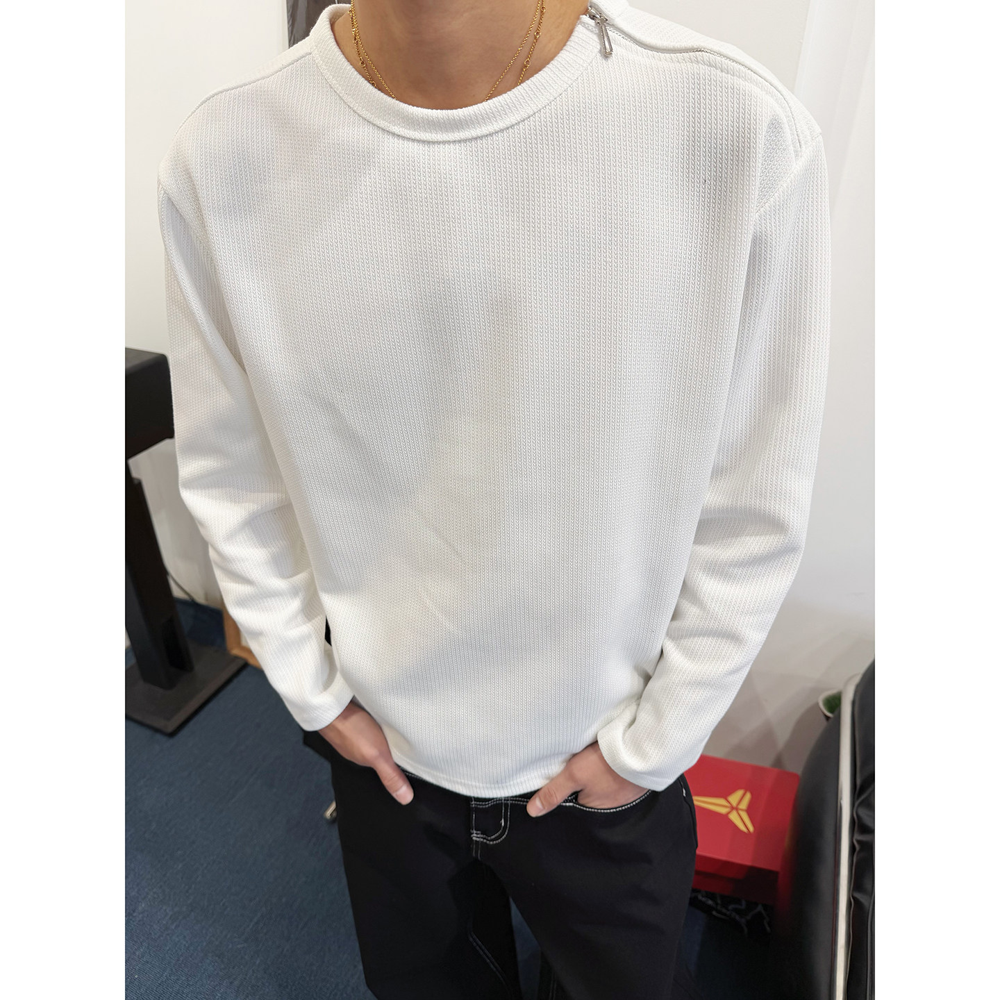 BurnBro肌理感拉链圆领长袖t恤男女纯色宽松短宽内搭打底衫上衣潮