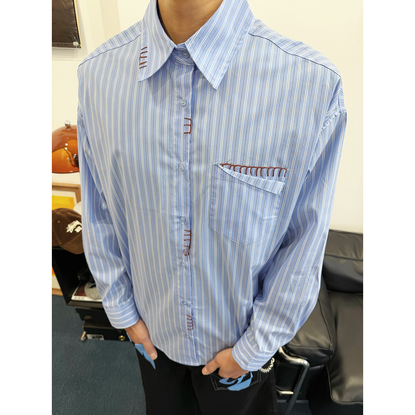 BurnBro高质感学院少年蓝色条纹衬衫男复古休闲cleanfit衬衣外套