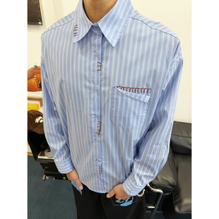 BurnBro高质感学院少年蓝色条纹衬衫 男复古休闲cleanfit衬衣外套