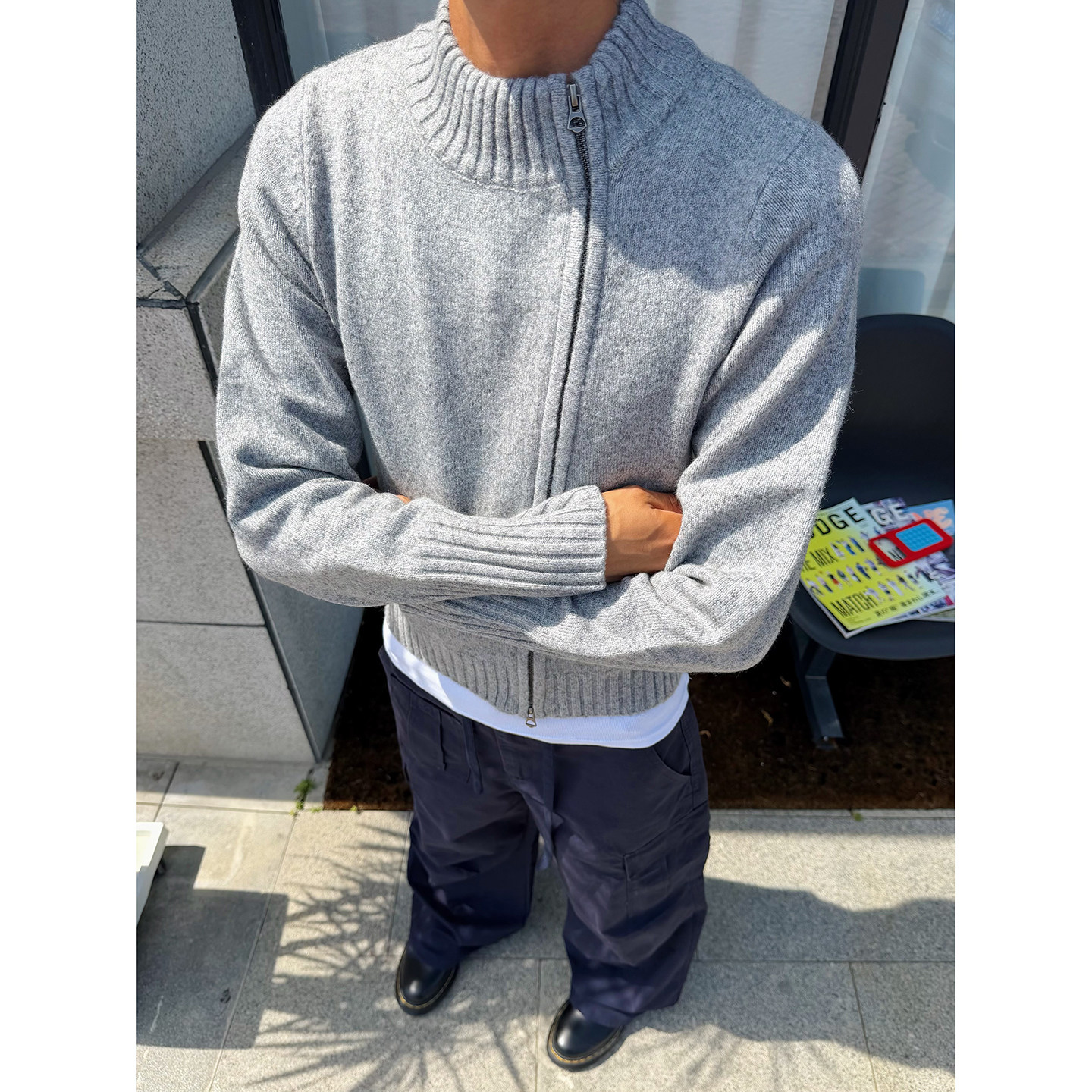 BurnBro高智感斜拉链高领开衫毛衣cleanfit短款休闲正肩针织衫男