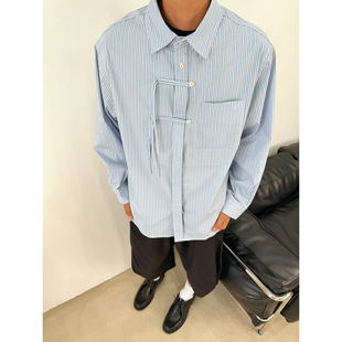 BurnBro高级感日系蓝色条纹长袖 男女复古休闲宽松廓形外套潮 衬衫