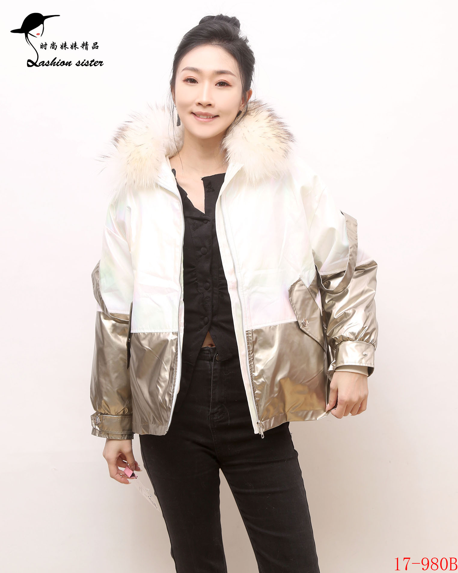 时尚妹妹精品2023 时尚秋冬新款女镭射兔毛内胆派克外套 17-980B