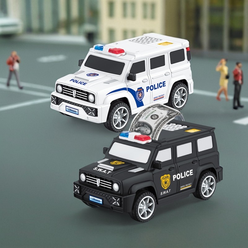 儿童密码存钱罐多功能灯光音乐自动卷钱特警车模型储蓄罐礼物玩具