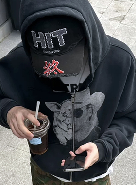 VicxxClothing出品ERD.忧郁富二代人像猪头印花拉链开衫帽衫外套