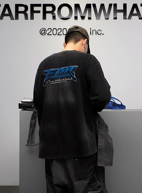 Far Archive手臂火焰字母印花水洗做旧VIBE风潮牌休闲宽松长袖T恤