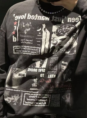 VicxxClothing出品ERD.忧郁富二代人像印花高街水洗做旧长袖T恤潮