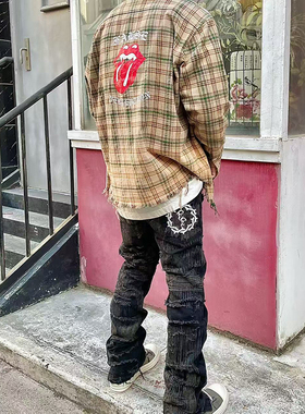 VicxxClothing出品FP恶搞滚石舌头印花做旧破坏长袖格子衬衫外套