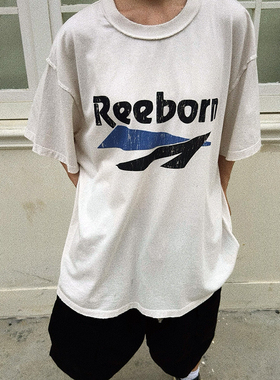 FP恶搞Reeborn字母破坏印花反穿版型水洗做旧宽松夏季圆领短袖T恤