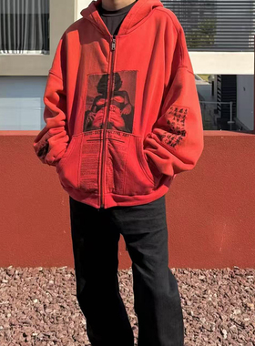 VicxxClothing出品ERD.忧郁富二代贴布人像破坏拉链开衫外套帽衫