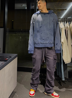 Hide in Hills破坏裤脚多口袋水洗做旧工装裤高街宽松休闲长裤潮