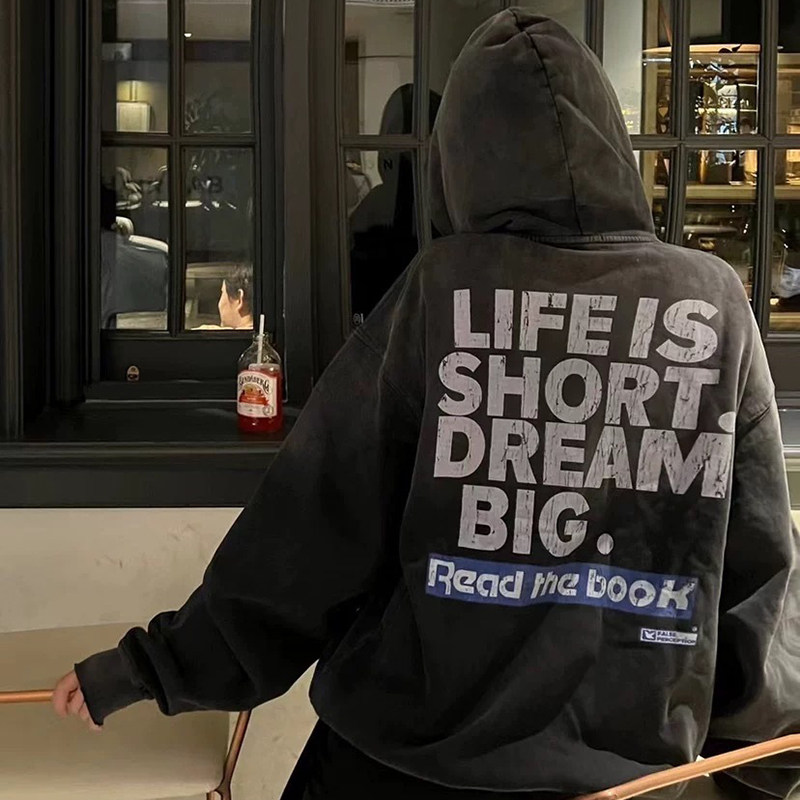 FP恶搞Reeborn字母破坏印花洗水做旧复古美潮宽松连帽卫衣帽衫男