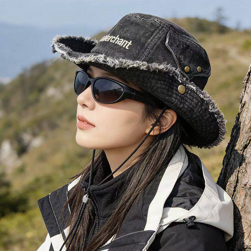 2026新款字母毛边牛仔登山帽子女春夏季出游遮阳防晒帽宽檐渔夫帽