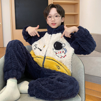 儿童珊瑚绒睡衣男童青少年冬季法兰绒秋冬款2025新款小男孩家居服