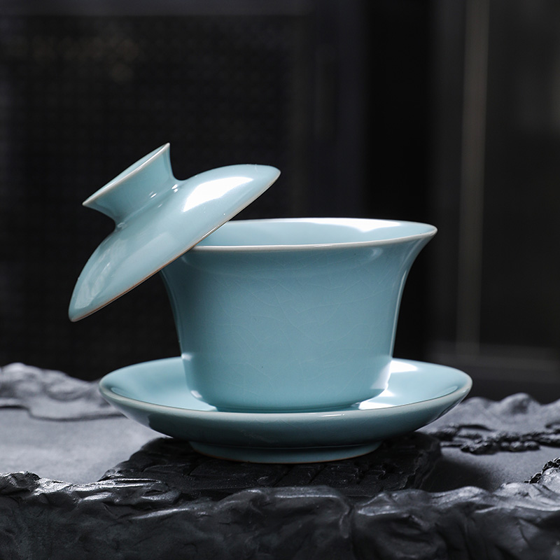 悬停天青汝窑三才盖碗泡茶杯碗