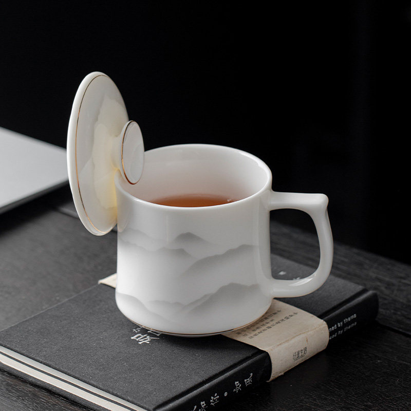 羊脂玉白瓷会议杯茶杯办公杯陶瓷水杯子泡茶杯带盖马克杯定制刻字