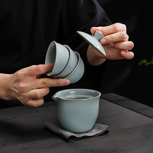 天青汝窑开片可养户外便携旅行茶具套装 一壶三杯快客茶杯礼品定制