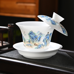 冰种悬停旋转三才盖碗茶杯家用羊脂玉瓷泡茶碗单个功夫茶具可定制