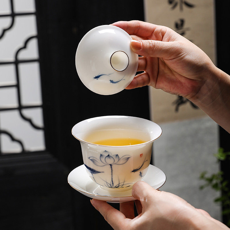 羊脂玉手绘三才盖子碗茶杯泡茶碗白瓷大号敬茶碗单个陶瓷功夫茶具,餐饮具,盖碗,淘宝优惠券,粉丝福利购,淘宝优惠卷