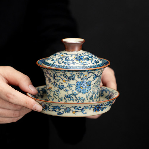 汝窑青花悬停三才盖碗茶杯高档