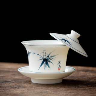手绘羊脂玉悬停三才盖碗带盖单个高档茶杯大号泡茶白陶瓷茶具茶碗