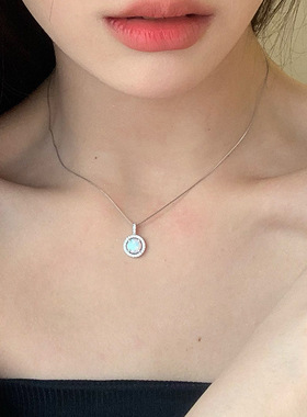 月光女神 925纯银满钻圆形欧泊石项链女简约轻奢精工锆石碎钻锁骨