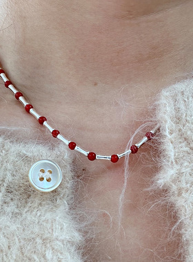 月光女神 925纯银红色珊瑚竹节项链女简约名媛气质手工设计串珠锁