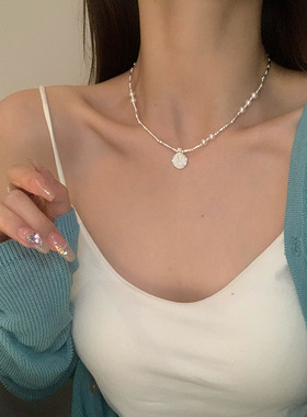 月光女神 925纯银圆牌郁金香珍珠竹节项链女简约森系甜美花朵锁骨