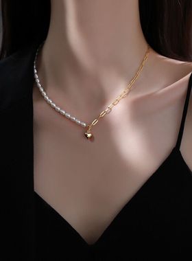 月月光女神 925纯银淡水珍珠爱心项链女小众设计不对称拼接锁骨链