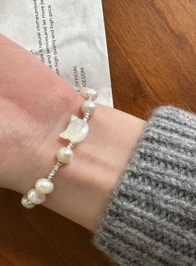 月光女神 925纯银天然贝母猫咪碎银子手链女简约甜美气质天然珍珠