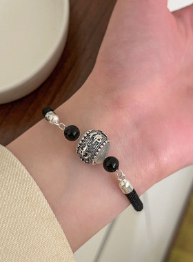 月光女神s925纯银手链本命年编织黑手绳名族风小众设设计感藏式手