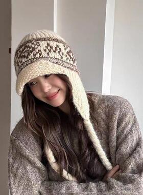 费尔岛风针织毛线帽女秋冬加厚保暖护耳显脸小包头冷帽辫子帽氛围