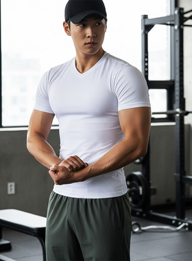 MCPW 健身短袖男运动V领pro紧身衣速干显大crossfit训练T恤夏季