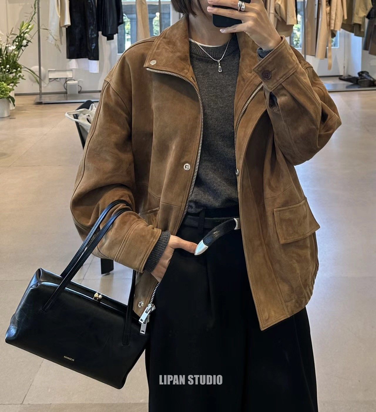 发货中Savi同款法式美拉德马鞍棕复古宽松麂皮夹克水妖同款外套女