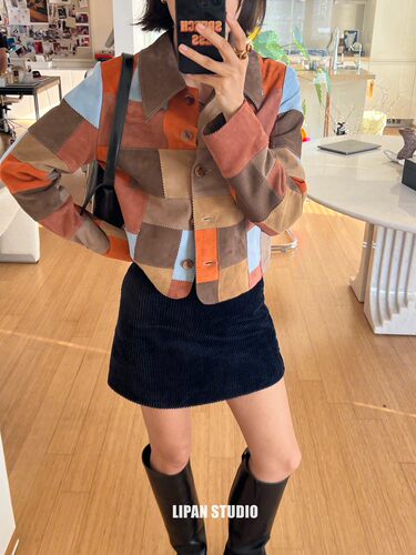 savi麂皮RIXO复古拼色短外套女春