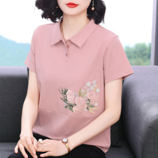 polo领体恤中老年妈妈减龄上衣 纯棉短袖 t恤女 宽松2025夏装 新款