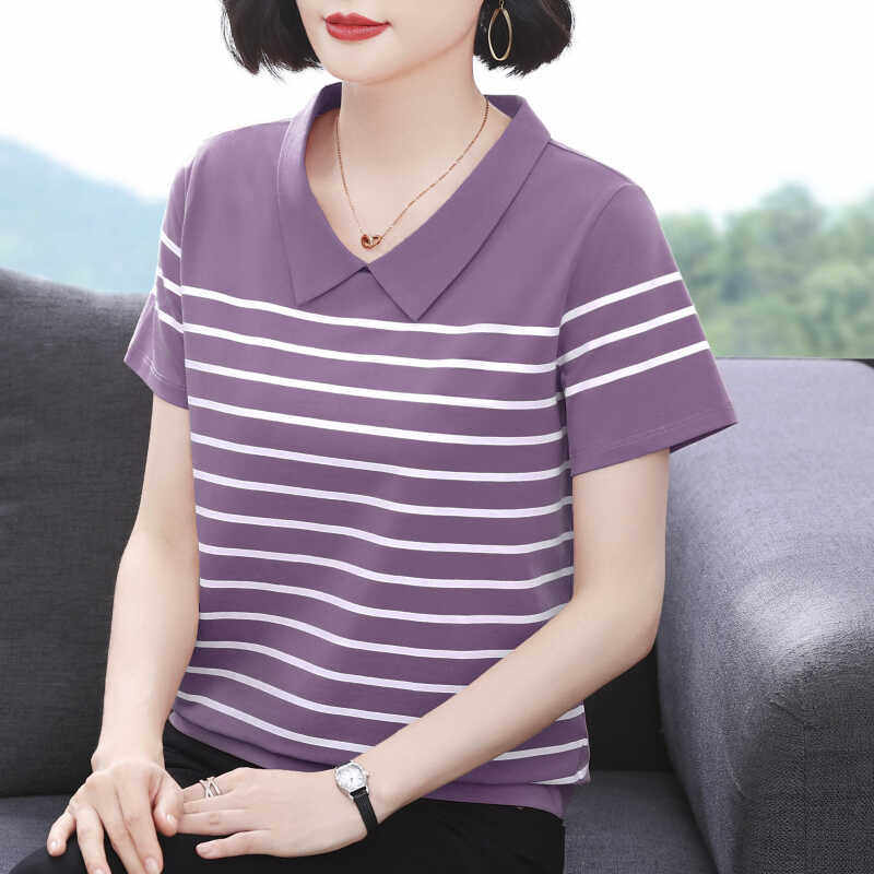 妈妈装短袖t恤女 新款2026夏季纯棉条纹polo衫中老年减龄体恤上衣