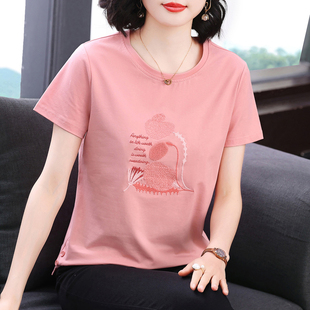t恤女 2025夏装 妈妈短袖 新款 中老年刺绣上衣 洋气纯棉衣服半袖 小衫