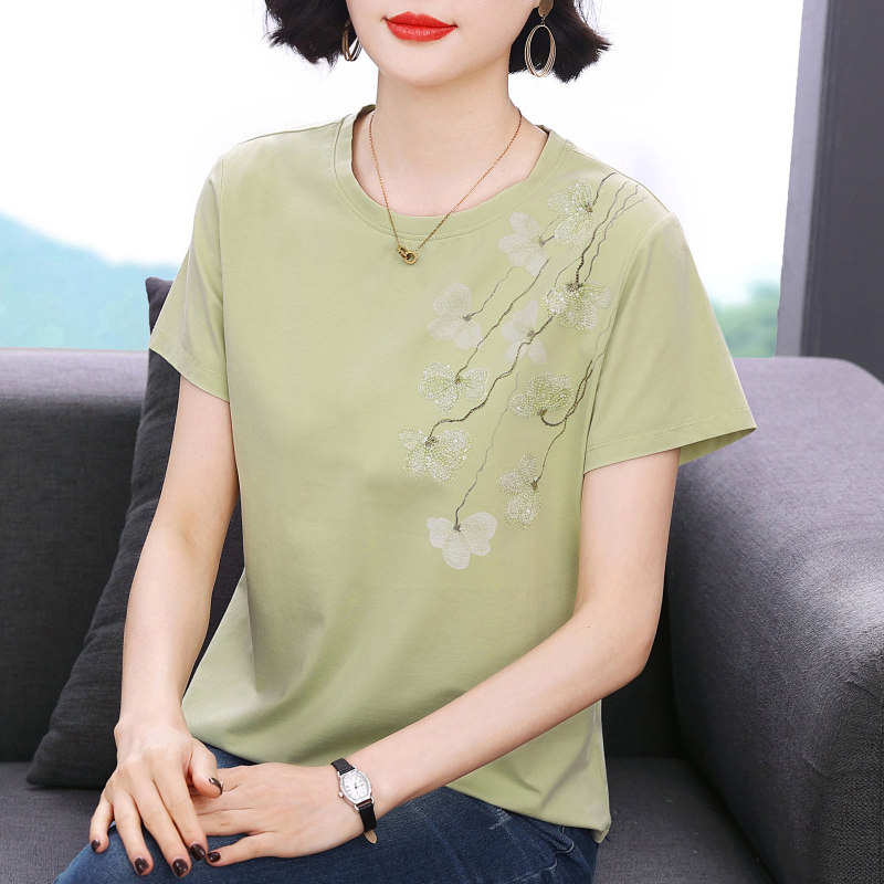 妈妈短袖t恤女 新款2026夏装洋气纯棉衣服刺绣体恤小衫中老年上衣