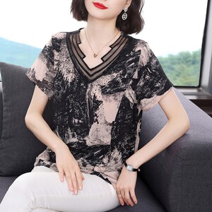 宽松雪纺衫女夏季2023新款时尚洋气V领丅恤小衫妈妈短袖印花上衣