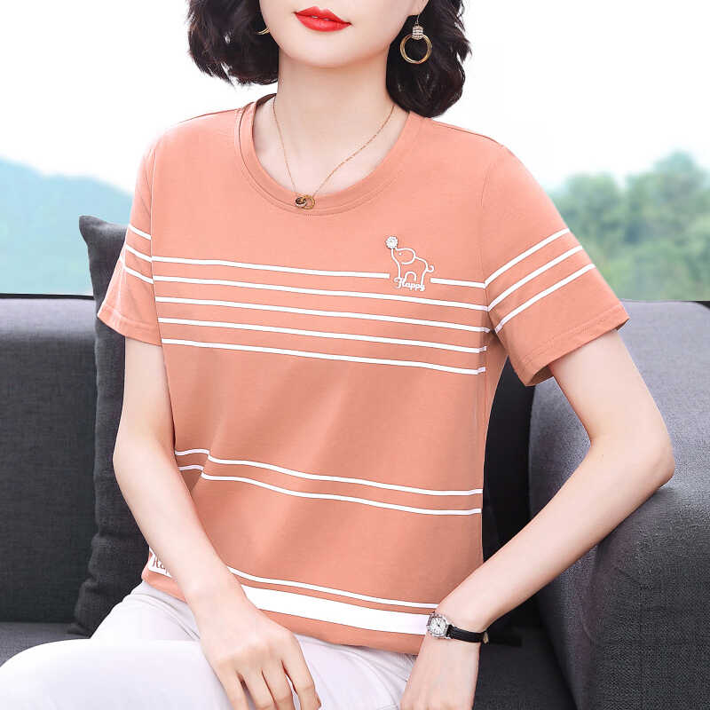 妈妈装短袖t恤女 新款2025夏季半袖减龄体恤衫中老年纯棉条纹上衣