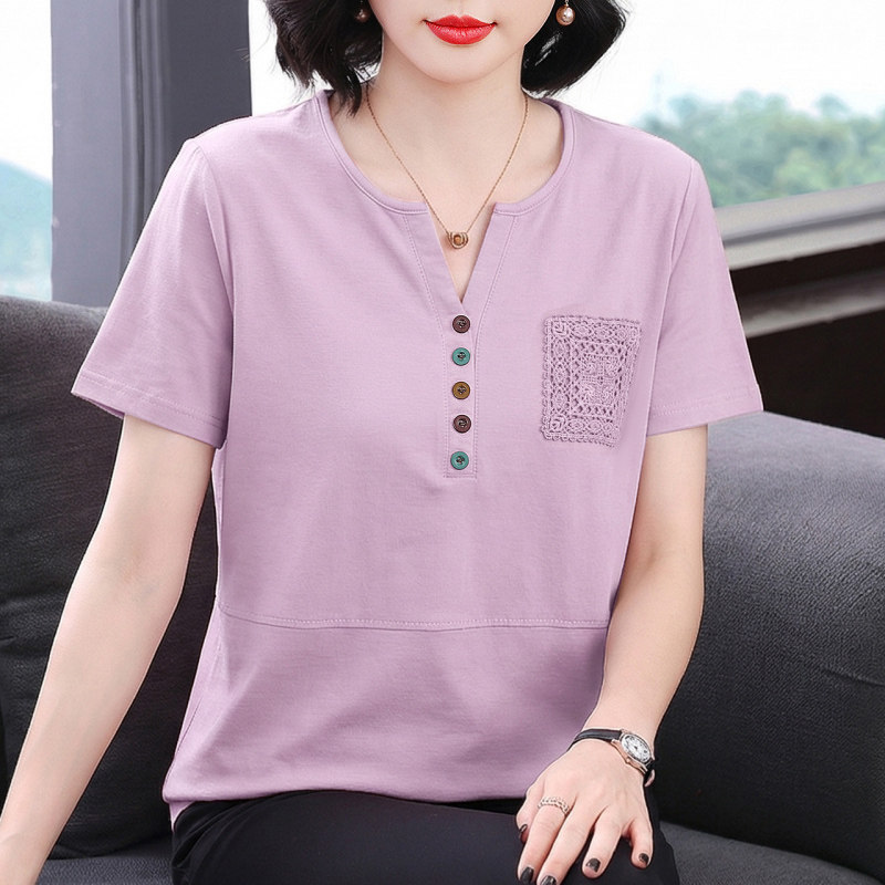 妈妈装短袖t恤女新款2026夏季减龄纯棉衣服V领体恤中老年宽松上衣