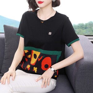 纯棉短袖t恤女 宽松上衣2024夏装新款中老年妈妈洋气拼接半袖衫潮