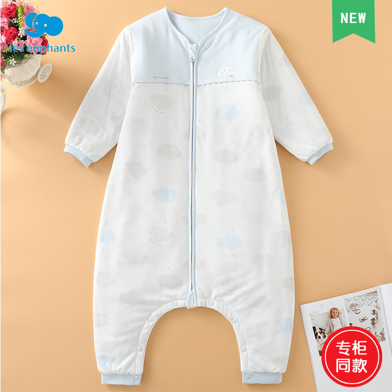 丽婴房春夏婴儿纯棉针织夹薄棉双向拉链分腿睡袋宝宝连体家居服新